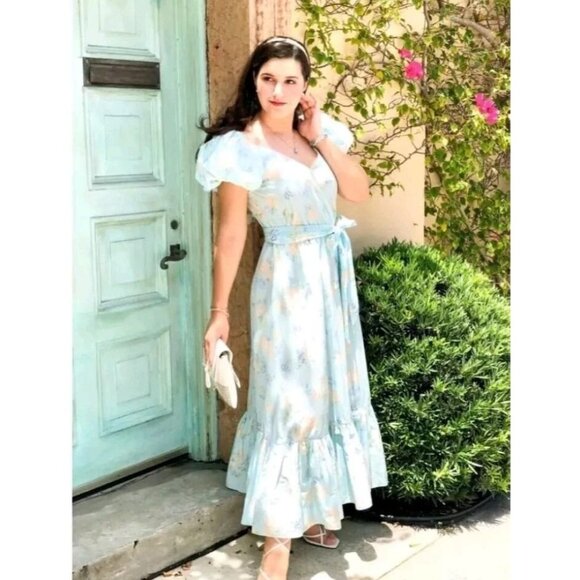 LoveShackFancy X Target Estelle Maxi Dress Puff Sleeve Blue Floral size 2 - Picture 1 of 7
